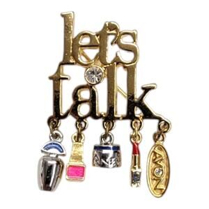 Vintage Avon Lets Talk Brooch Pin Gold Tone Makeup Dangle Charms Lipstick Anew